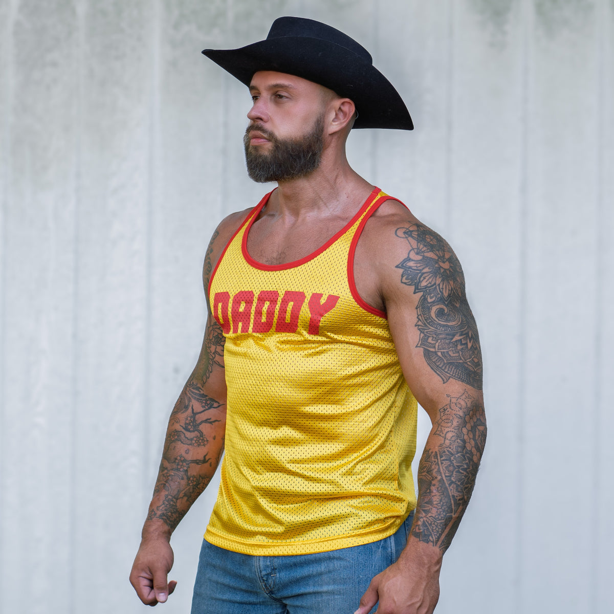the daddy air tank gay mesh tank top by gruffpup in yellow