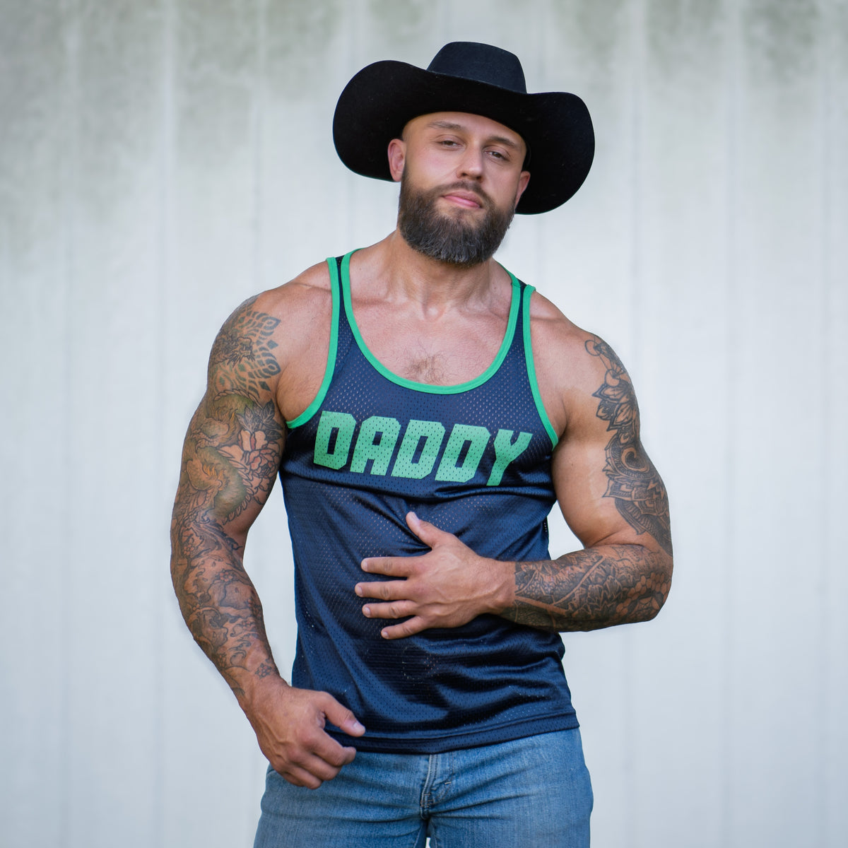 a mesh tank top that pairs perfectly with mens lingerie and mens sexy underwear from gruffpup in navy and green