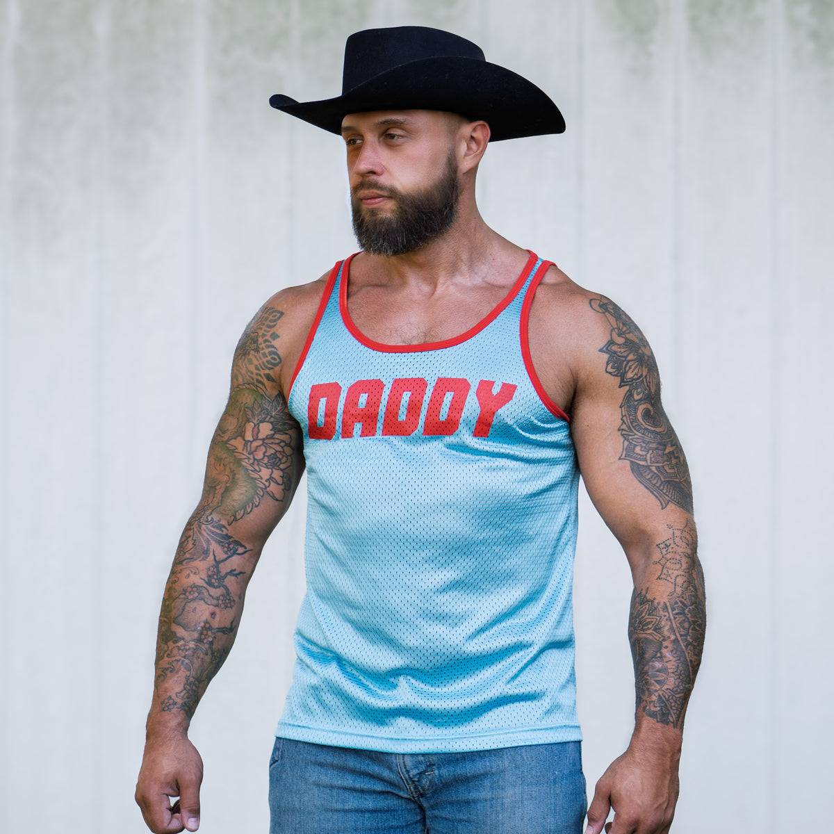 GruffPup blue Daddy Air Tank, a breathable mens mesh tank top for gym or gay club wear