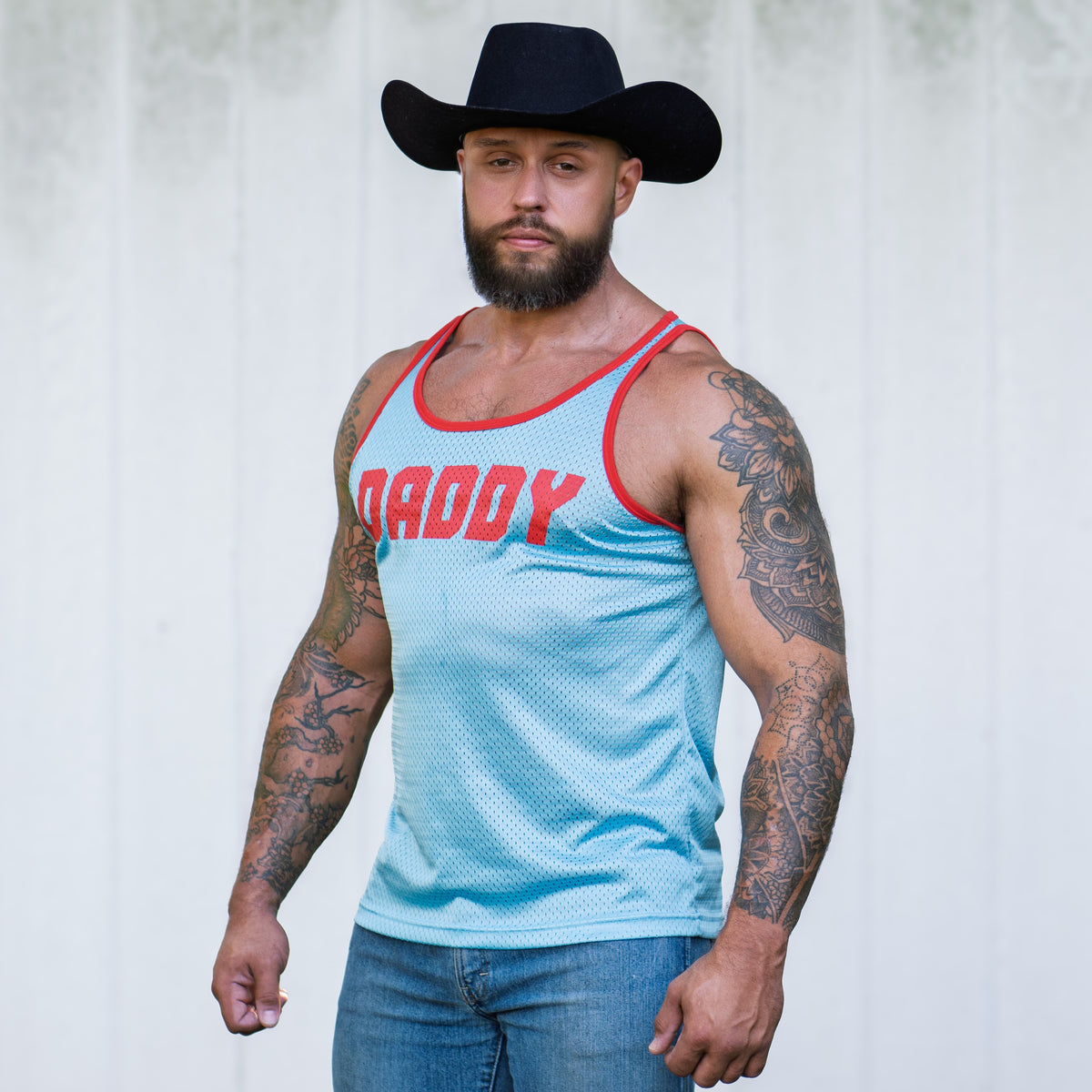 Mens blue mesh tank top with red Daddy design, perfect for stylish summer outfits
