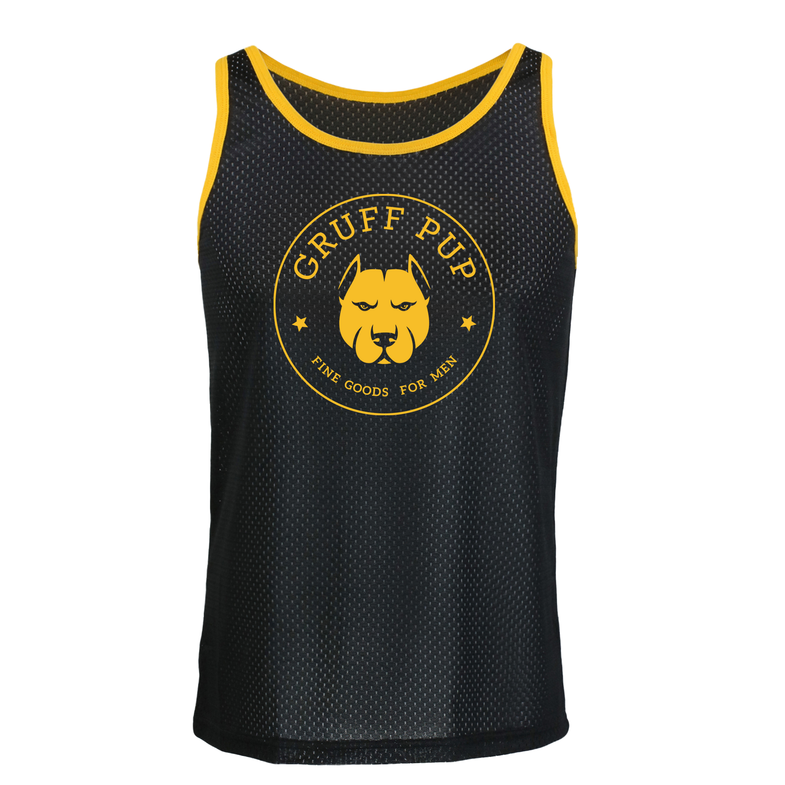 logo-black -> The gruff pup logo proudly displayed on this gay mesh tank top