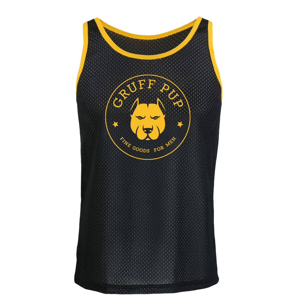 logo-black -> The gruff pup logo proudly displayed on this gay mesh tank top