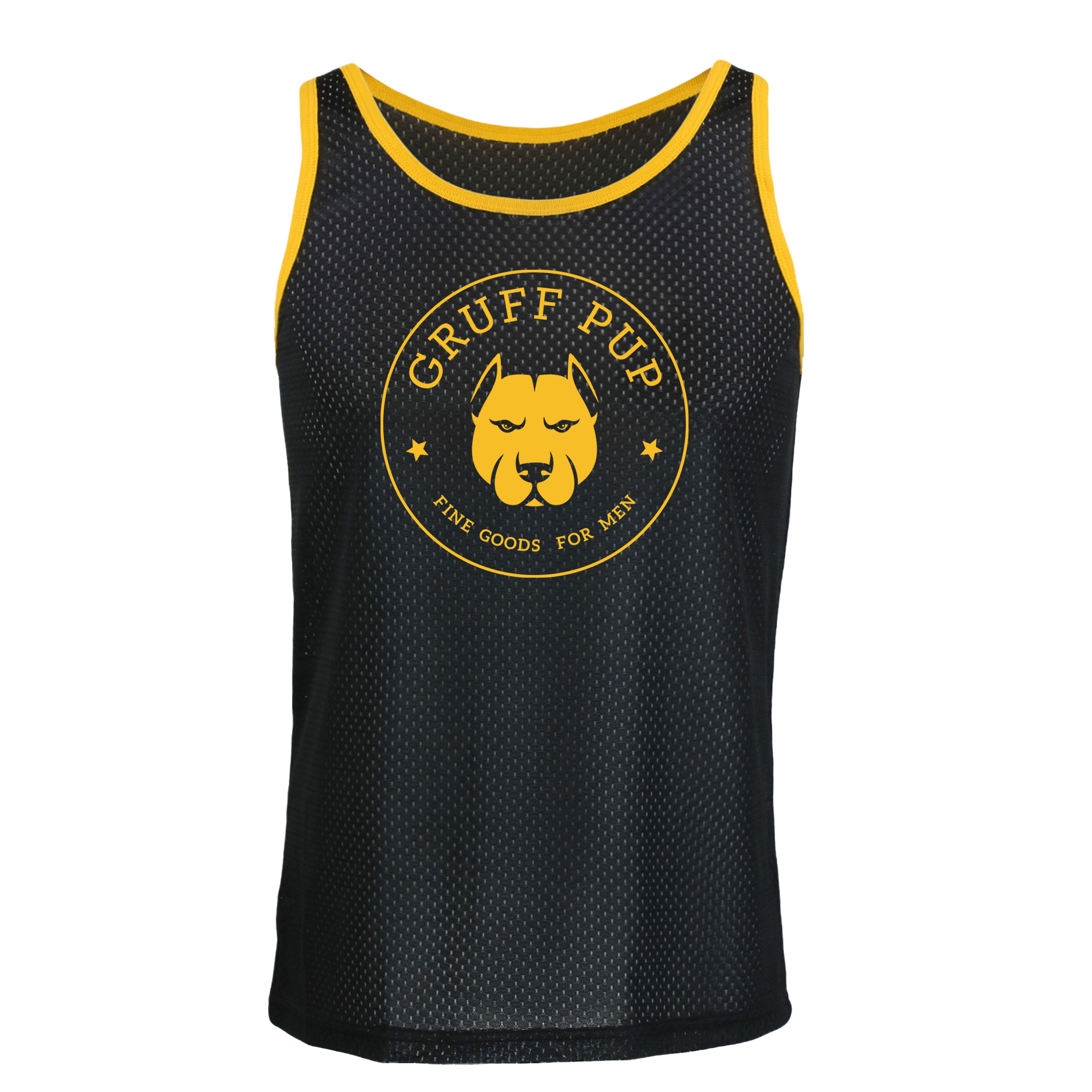 logo-black -> The gruff pup logo proudly displayed on this gay mesh tank top