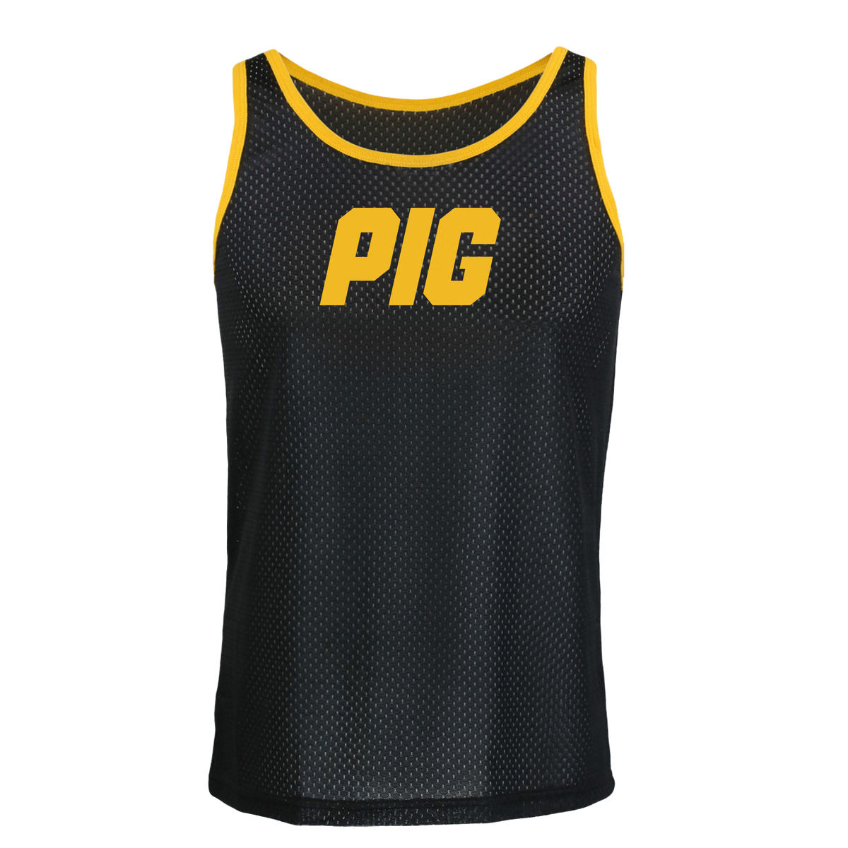 pig-black -> gay pig tank top with stretchy black mesh