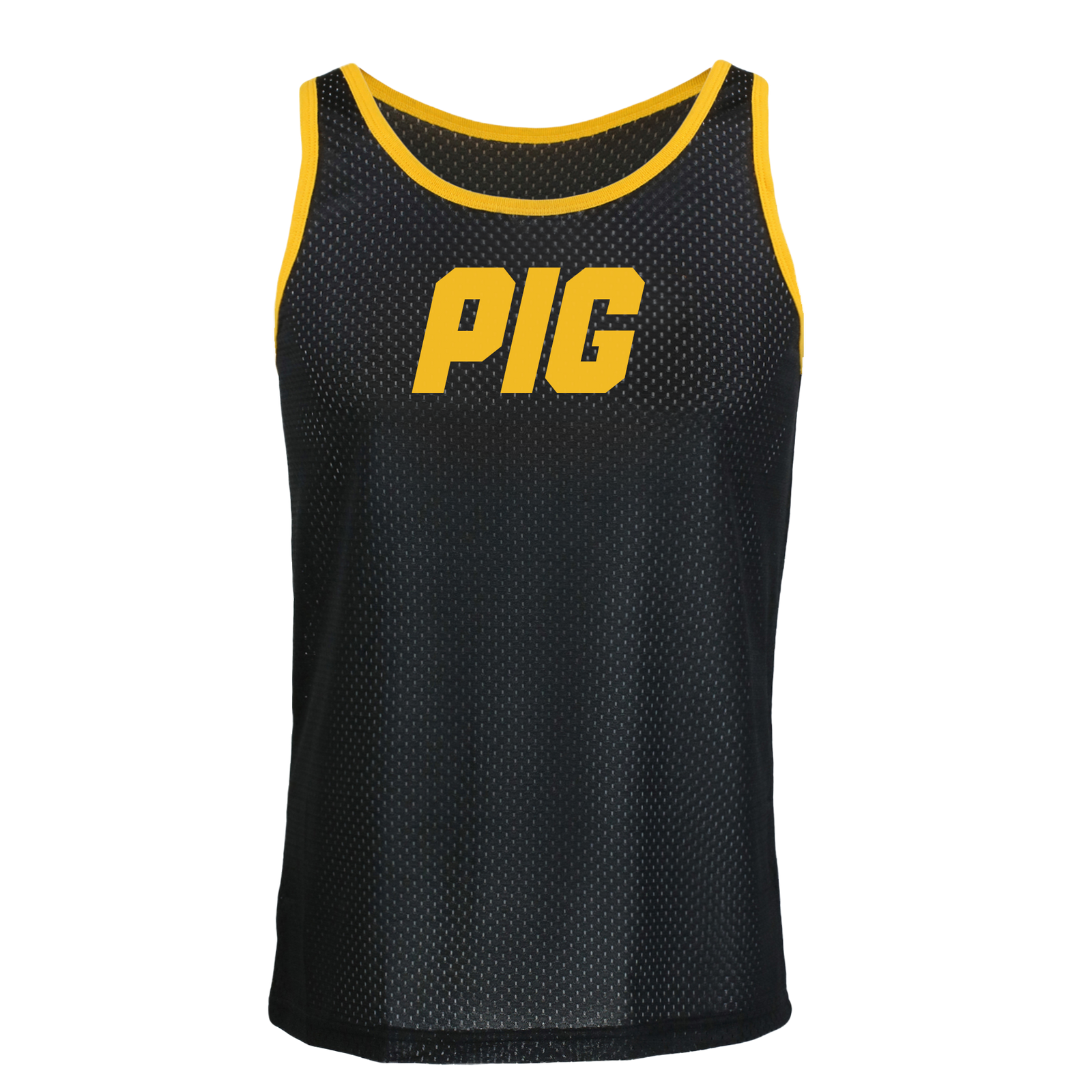 logo-black -> The gruff pup logo proudly displayed on this gay mesh tank top