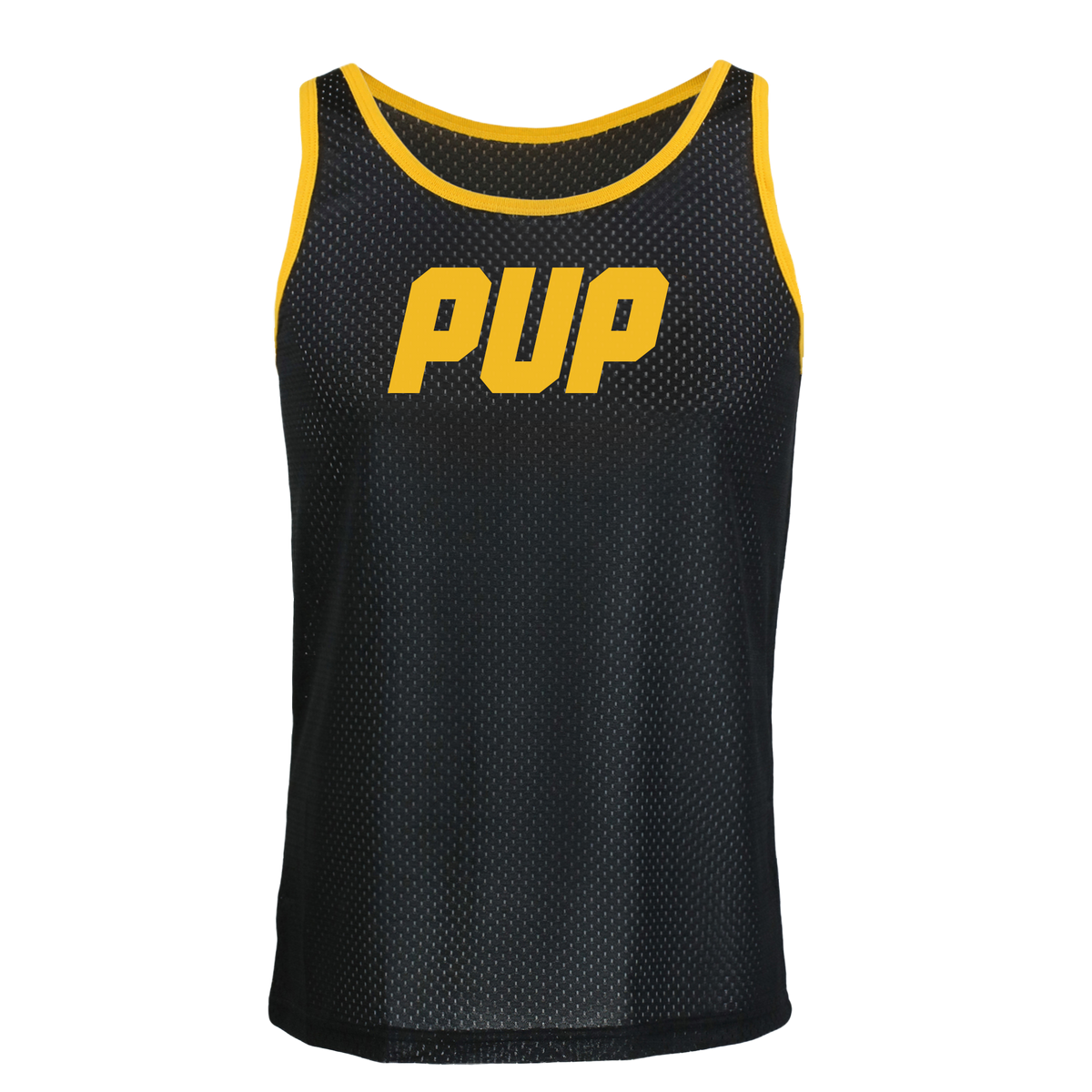 pup-black -> gay pup tank top featuring black stretchy mesh