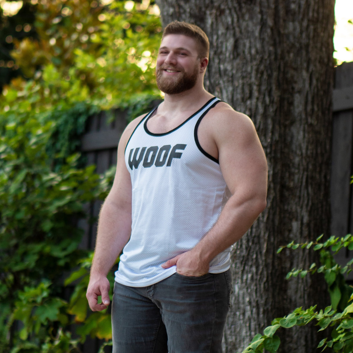 The Stretchy Mesh Woof Air Tank in White, featuring single layer mesh!