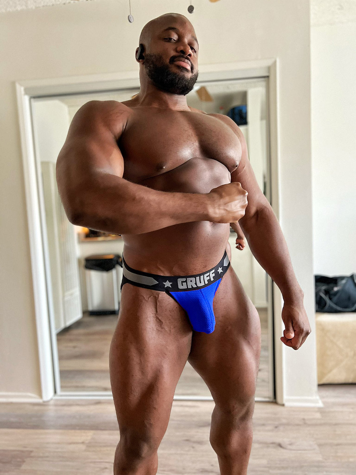 Customer wearing a blue Gruff Pup Impact Jockstrap